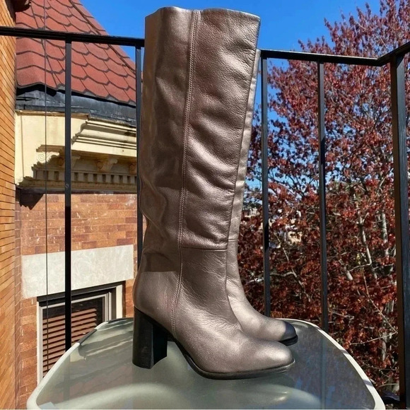 New Free People Grayson Tall Knee High Boots Leather Heeled Pewter Metallic - Picture 4 of 12